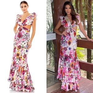 Mac Duggal Floral Print Ruffle Shoulder Cut Out Gown Maxi Dress 68107 in 6 NWOT